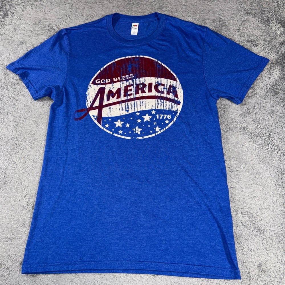 Fruit of the Loom Mens T-Shirt S Small Heather Blue God Bless America 1776